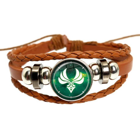 Brown braided leather bracelet with a green and silver emblem on a white background