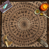 Decorative mat withRunes, candle, and tools on a wooden surface