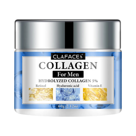 Clafaces collagen cream for men with a silver lid on a white background