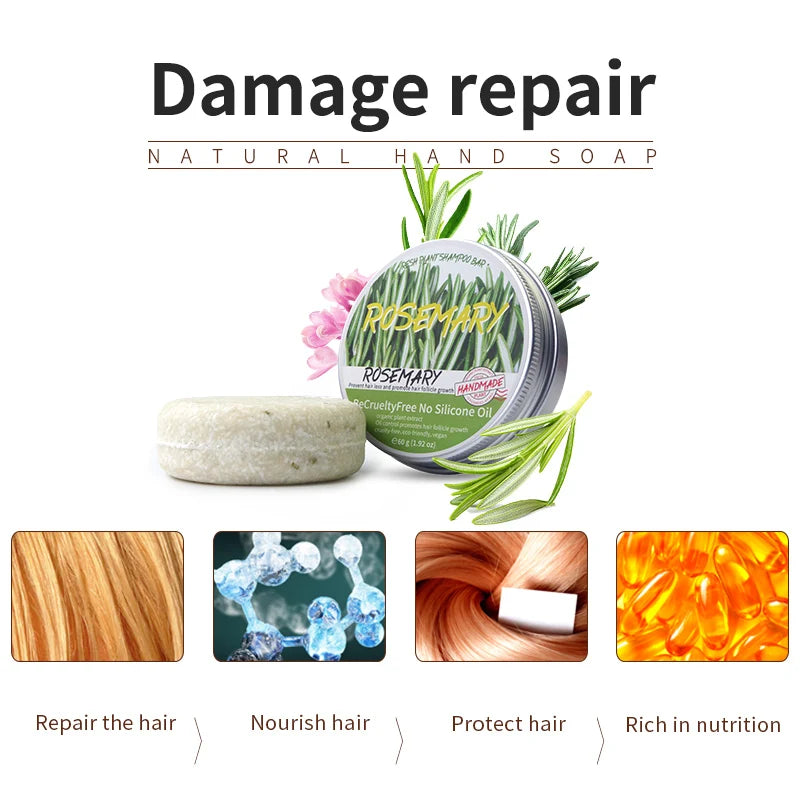 Natural hand soap with rosemary scent and benefits for hair care on a white background.