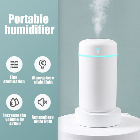 Portable humidifier with features listed on a light blue background