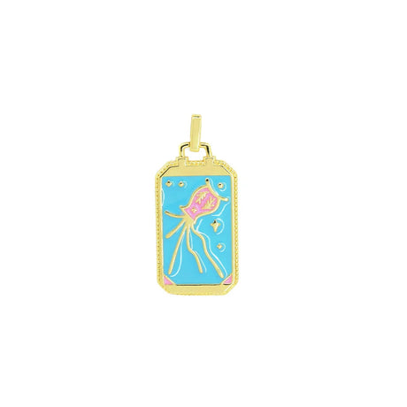 Gold pendant with a blue background and pink design on a white background