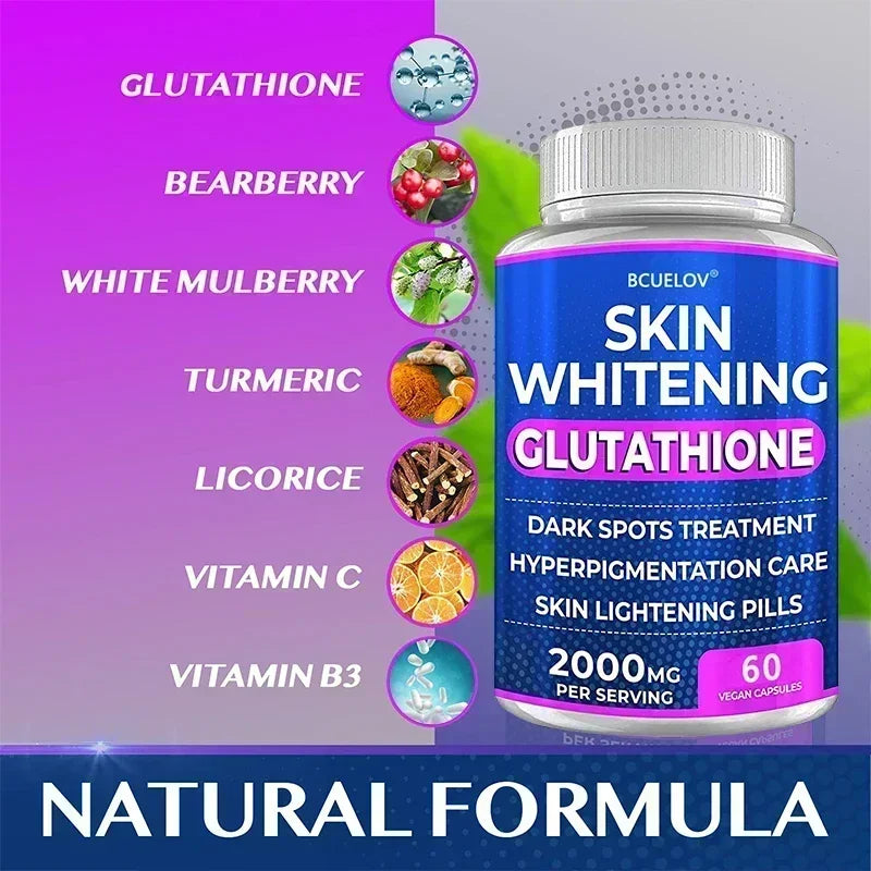Skin whitening glutathione supplement bottle with ingredients listed on a colorful background