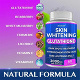 Skin whitening glutathione supplement bottle with ingredients listed on a colorful background