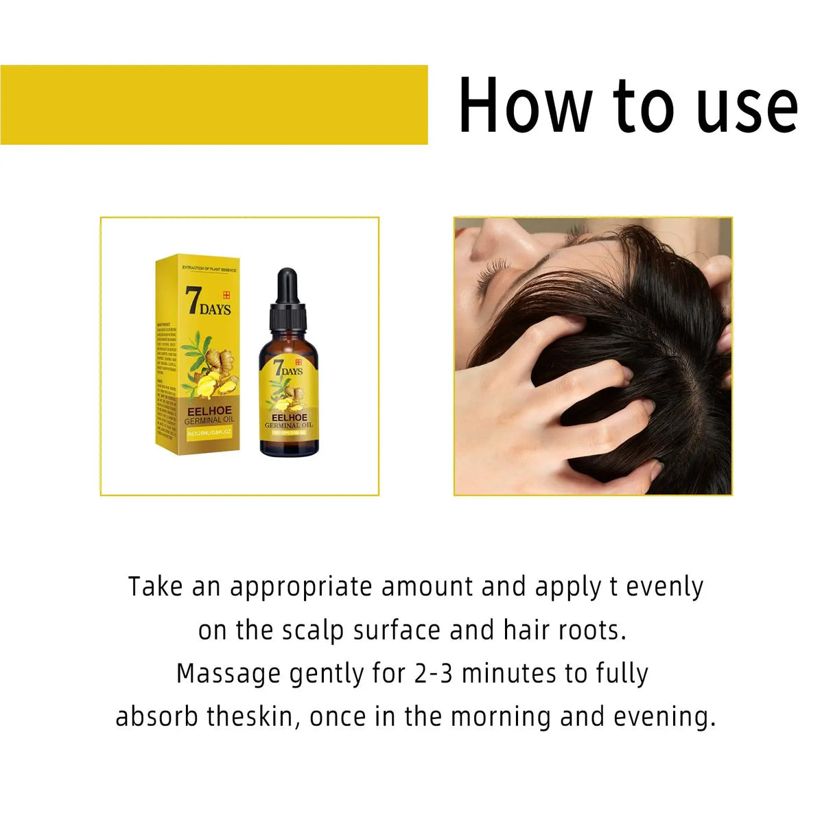 Instructions on how to use a hair care product with a bottle and packaging displayed.