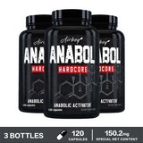 Three bottles of Airboy Anabol Hardcore dietary supplement on a white background