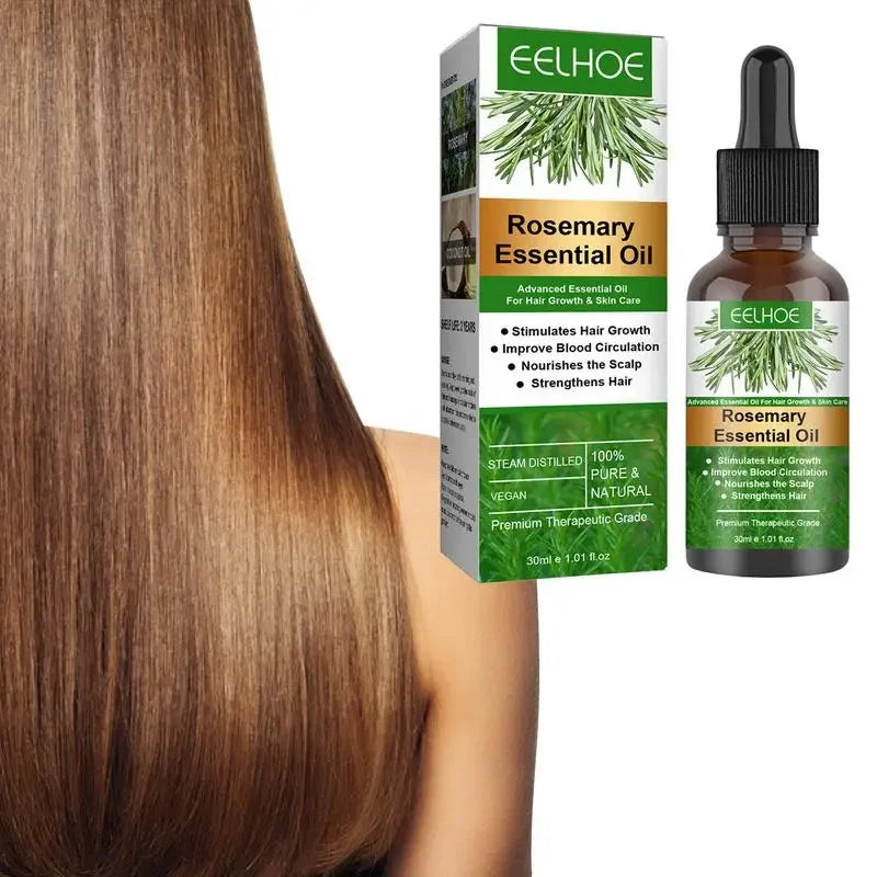 Eelhoe Rosemary Essential Oil bottle and packaging with a person with long hair.