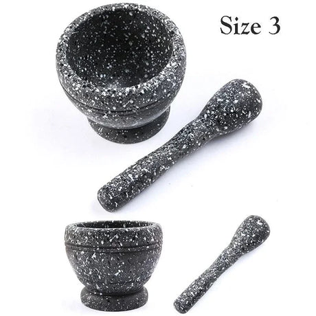 Set of two black speckled stone mortars and pestles on a white background with 'Size 3' text.