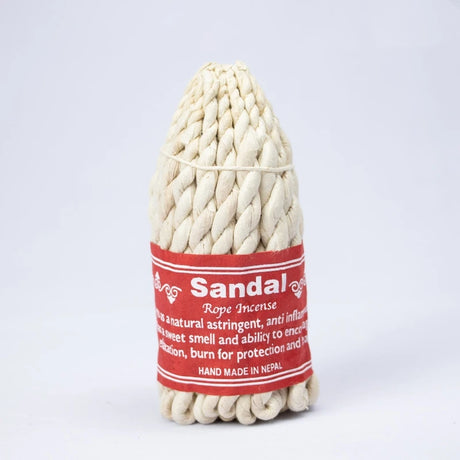 Sandalwood incense rope with a red label on a white background