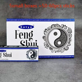 Satya Feng Shui incense packaging with yin yang symbol on a gray background