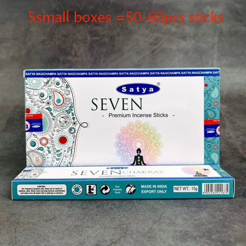 Satya Seven Premium Incense Sticks packaging on a gray background