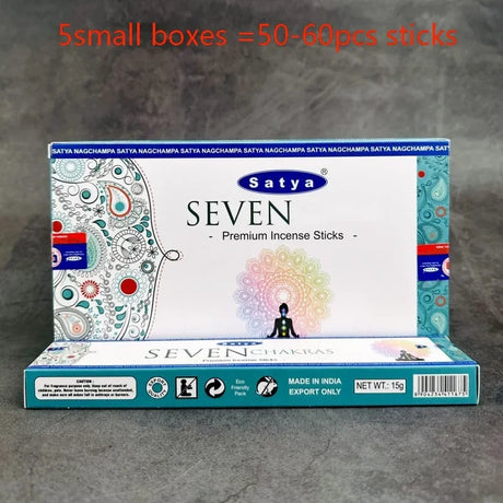 Satya Seven Premium Incense Sticks packaging on a gray background