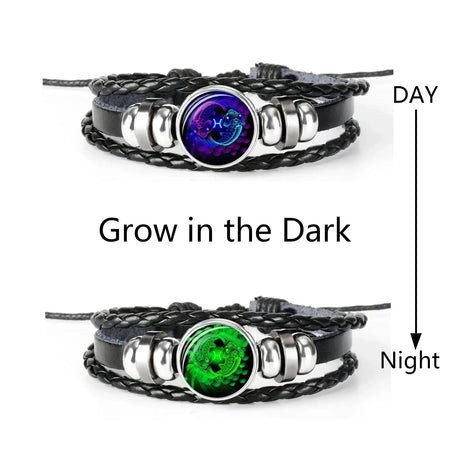 Bracelet with glowing purple and green stones on a white background