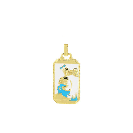 Gold pendant with a blue and gold design on a white background