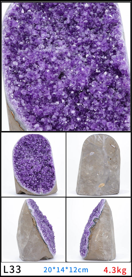 Collage of purple crystal rock with different angles and a weight label.