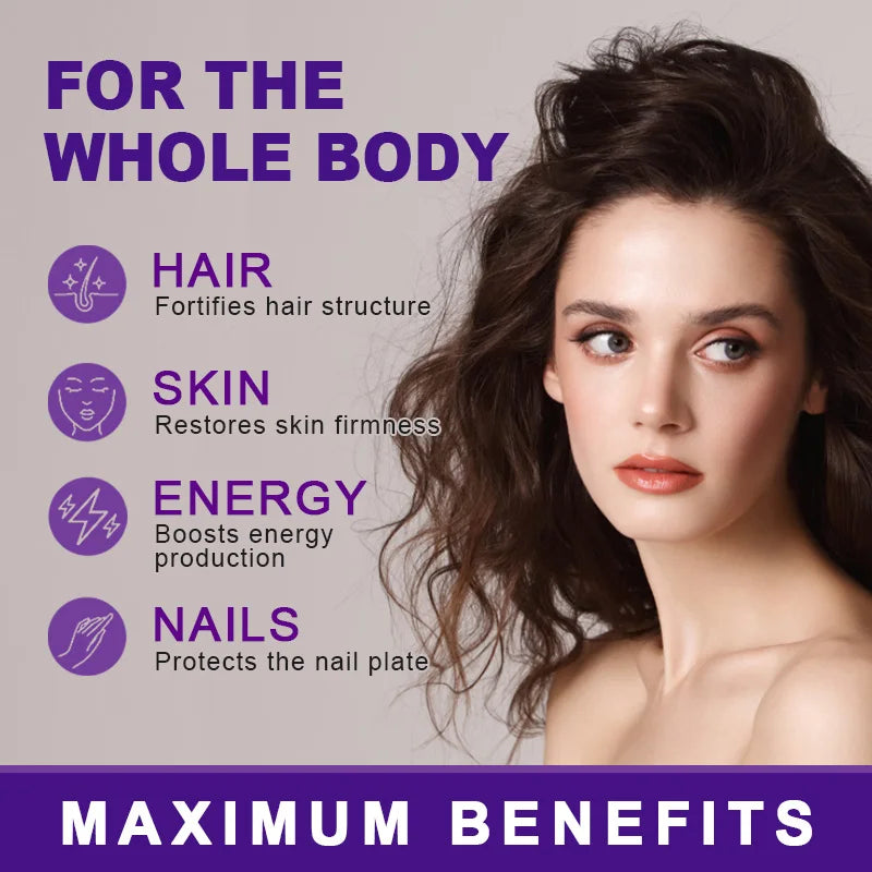 Woman with long brown hair and text about product benefits for the whole body.