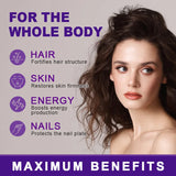 Woman with long brown hair and text about product benefits for the whole body.