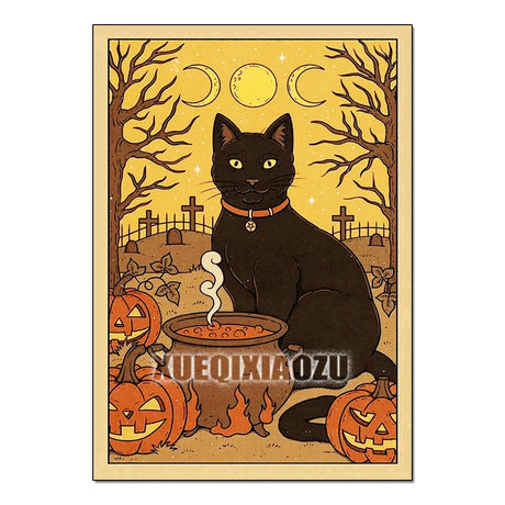 Halloween-themed illustration with a black cat, pumpkins, and a ghost in a graveyard setting.
