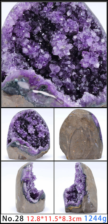 Amethyst crystal cluster with different angles on a white background