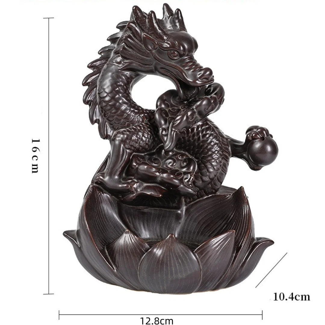Decorative dragon sculpture on a lotus flower with measurements