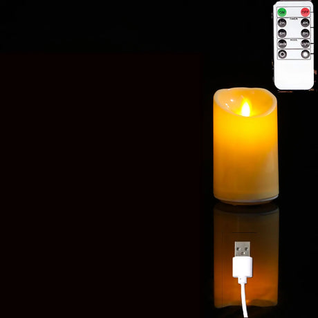 Flickering candle light with remote control and USB cable on a black background