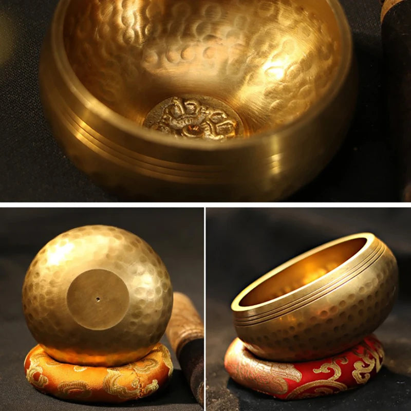 Collage of a gold singing bowl with detailed patterns on a dark background