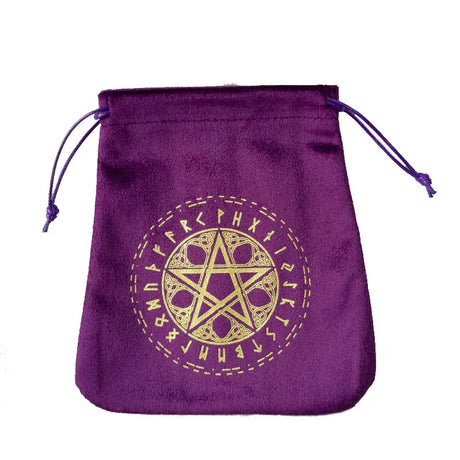 Purple drawstring bag with gold pentagram and runes design on a white background