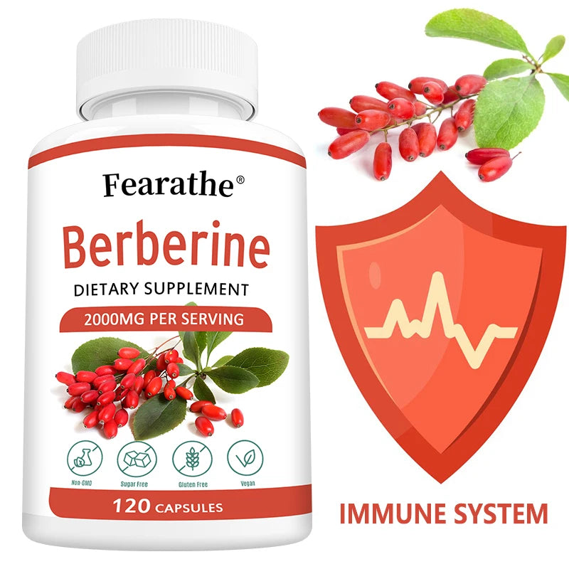 Supplement bottle labeled 'Fearathe Berberine' with red berries and green leaves on a white background