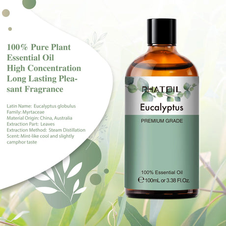 Bottle of Eucalyptus essential oil with a green label on a white background