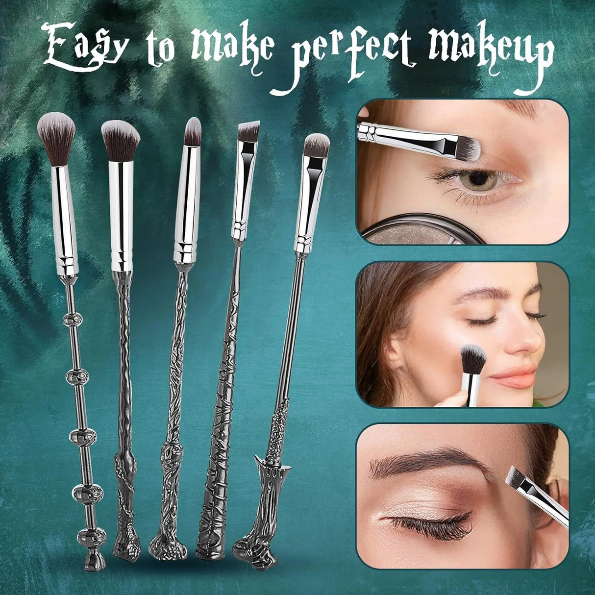 Set of makeup brushes with close-up examples of use on a teal background