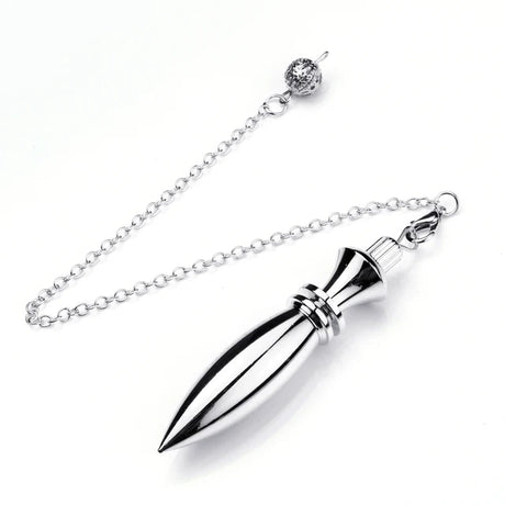 Silver pointed pendant on a chain against a white background