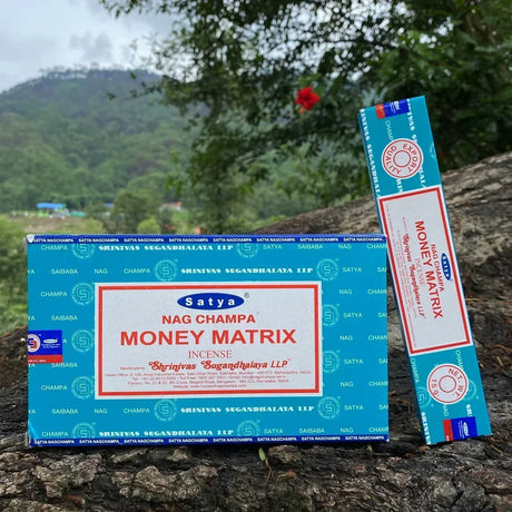 Satya Nag Champa Money Matrix incense packaging on a natural background