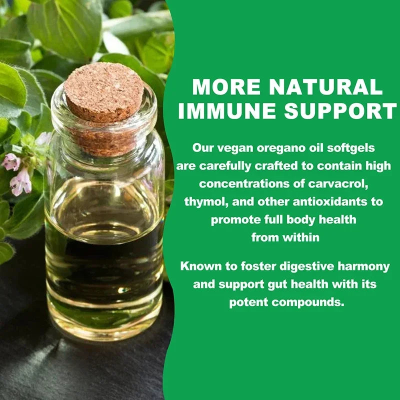 Vegan oregano oil softgels in a glass bottle with cork lid, surrounded by green leaves and flowers on a green background.