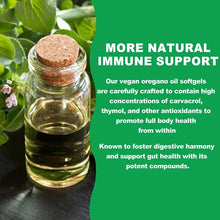 Vegan oregano oil softgels in a glass bottle with cork lid, surrounded by green leaves and flowers on a green background.