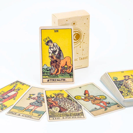 Tarot cards with 'Strength' card displayed, surrounded by other cards on a white background.
