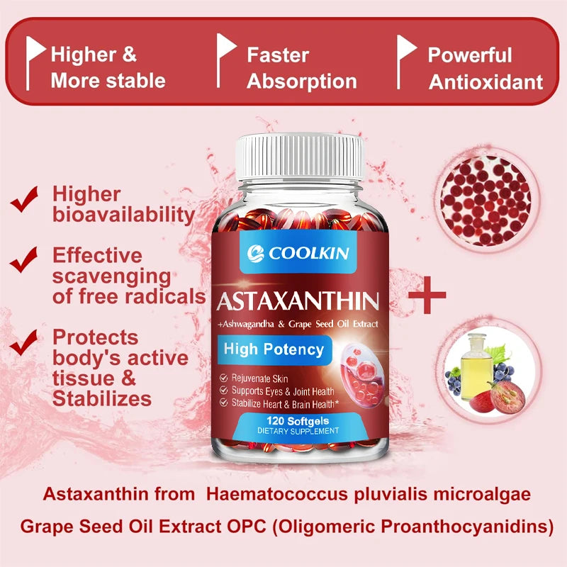 Supplement bottle labeled 'Coolkin Astaxanthin' with text highlighting benefits on a pink background