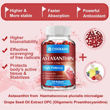 Supplement bottle labeled 'Coolkin Astaxanthin' with text highlighting benefits on a pink background