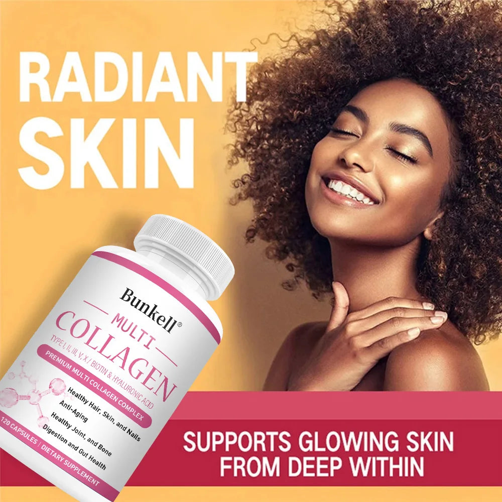 Bunkell Multi Collagen supplement with a woman showing radiant skin on a yellow background