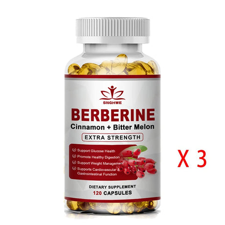 Bottle of Berberine dietary supplement with red label on a white background