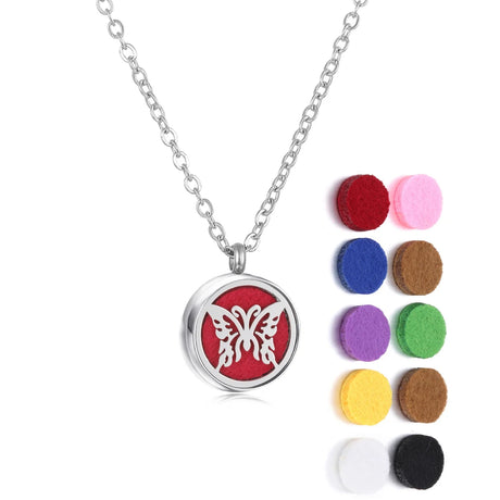 Butterfly pendant necklace with color-changing discs on a white background
