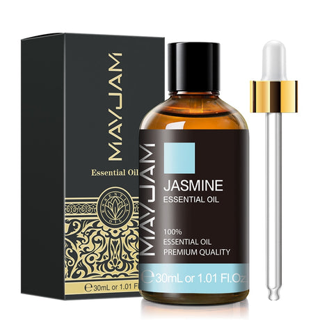 MayJam Jasmine essential oil bottle with dropper and packaging on a white background