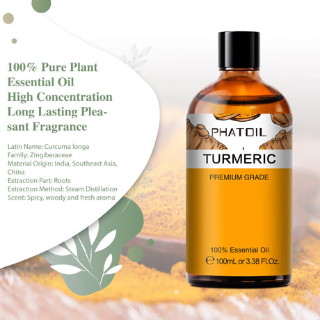 Bottle of Phatoil Turmeric essential oil with label details on a white background