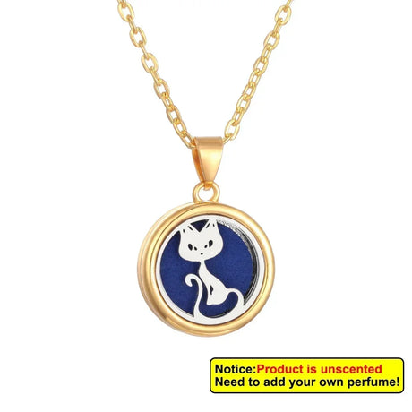 Gold necklace with a blue pendant featuring a cat design on a white background.