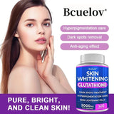 Woman with a bottle of Bcuelov Skin Whitening Glutathione supplement on a white background