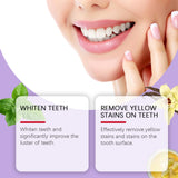 Teeth whitening product with a woman's smile and text on a purple background