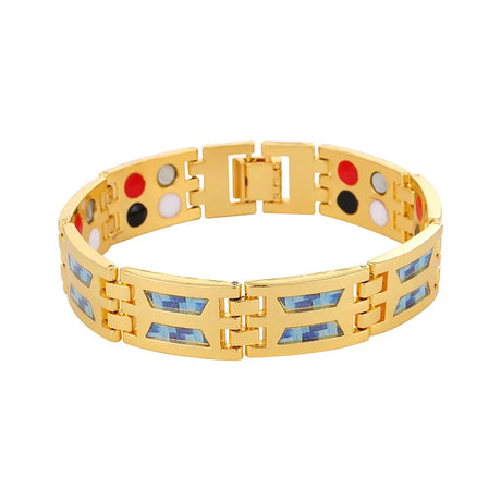 Gold bracelet with colorful stones on a white background