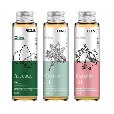 Three FEXMS oil bottles labeled Avocado, Castor, and Rosehip on a white background.