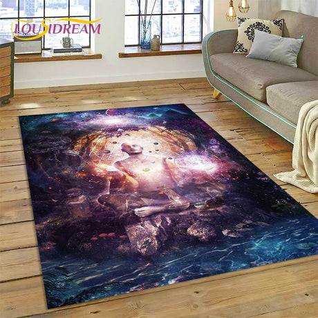 Space-themed rug on a wooden floor with a couch and decor in the background