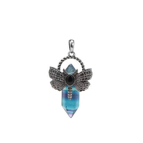 Jewelry pendant with dragonfly design and blue crystal on a white background