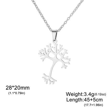 Silver tree-shaped pendant necklace with measurements on a white background